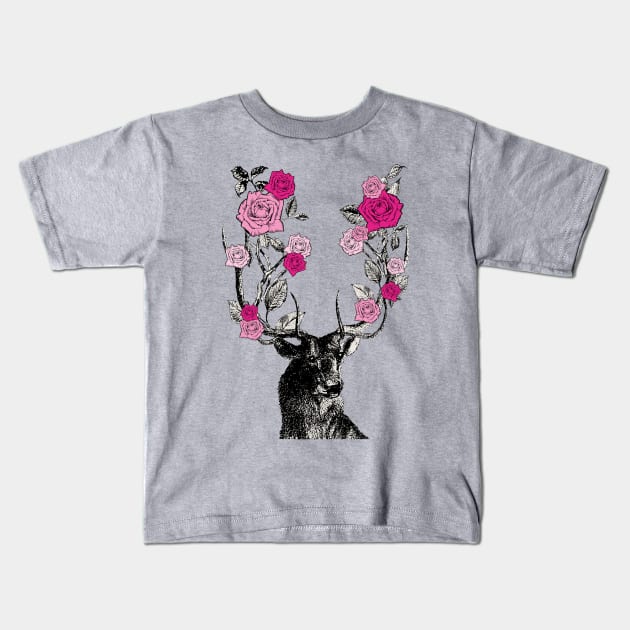 Stag and Roses | Stag and Flowers | Pink Roses | Kids T-Shirt by Eclectic At Heart